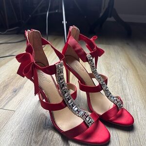 Jewel Badgley Mischka Red Satin Heels with Rhinestones